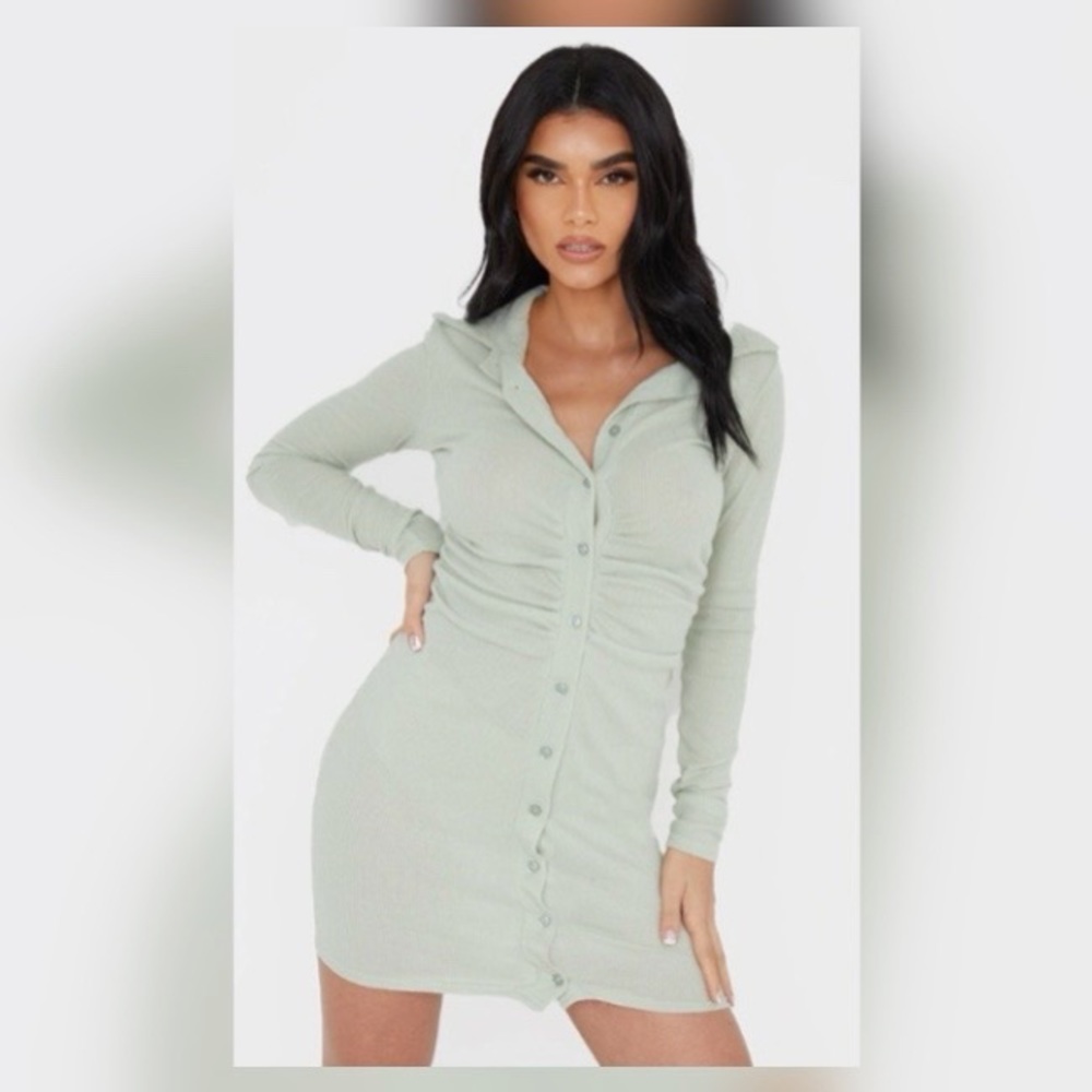 Sage Green Brushed Rib Long Sleeve Ruched Button Up Dress ✨